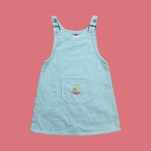 Vintage OshKosh Denim Gingham Overall Dress, Floral Embroidery, 5T